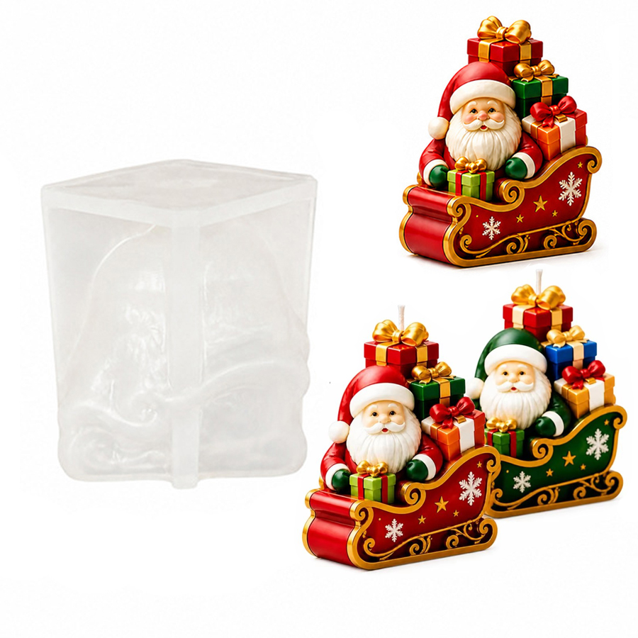 Candle Containers - แม่พิมพ์เทียนซิลิโคนรูปซานตาคลอสเลื่อนและกล่องของขวัญ, แม่พิมพ์ปูนปลาสเตอร์สำหรับทำเทียนหอมและงานฝีมือ DIY, ของขวัญคริสต์มาส